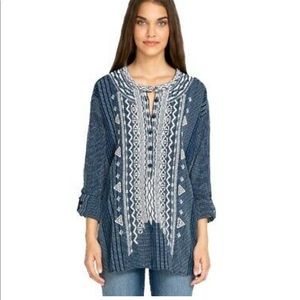 Johnny Was Blue White Embroidered Jemah Blouse size large